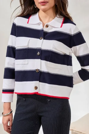 Tribal 1930O Jet Blue/White Striped Pocket Detail Cardigan