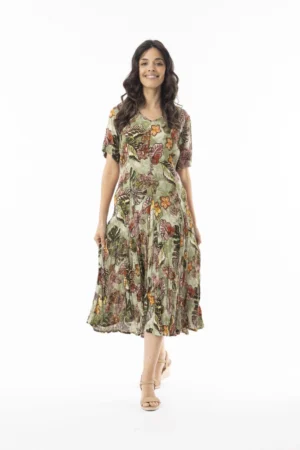 Orientique 20109 Olive/Multi Lima Short Sleeve Godet Dress