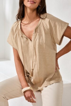 Tribal 2475O Beach Woven Split Neck Tassel Top