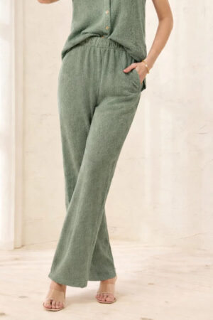 Tribal 2495O Moss Puckered Knit Wide Leg Ankle Trousers