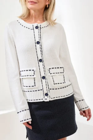 Tribal 2500O White/Navy Boucle Yarn Contrast Stitch Cardigan