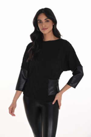 Frank Lyman 254214 Black Heavy Knit And Leatherette Top