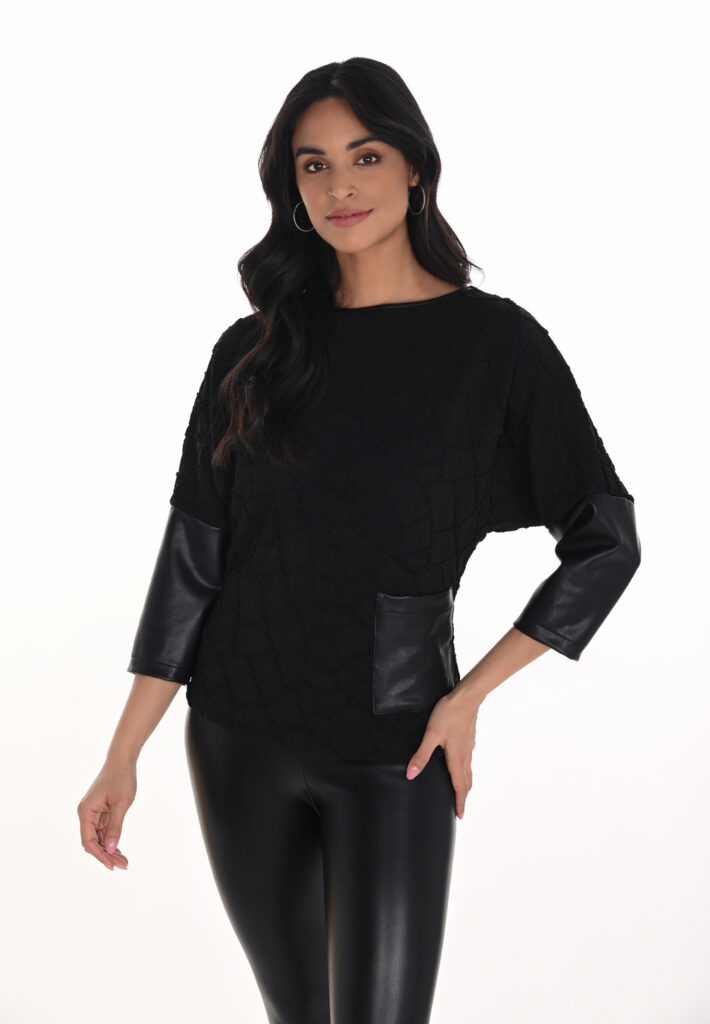 Frank Lyman 254214 Black Heavy Knit And Leatherette Top