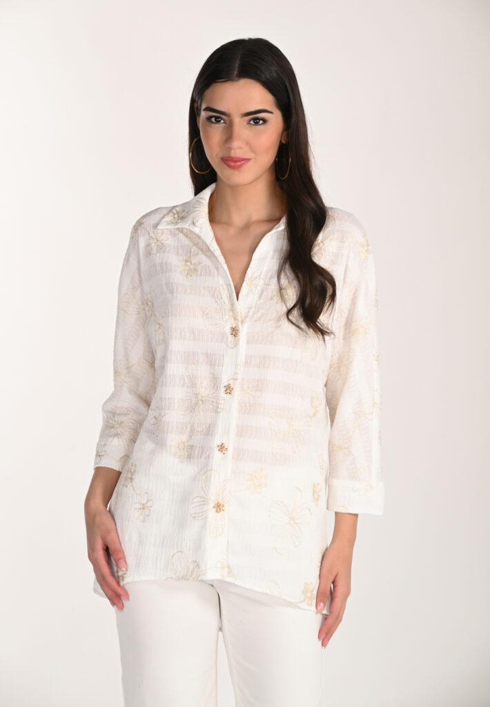 Frank Lyman 266315 Off-White/Gold Floral Embroidered Shirt
