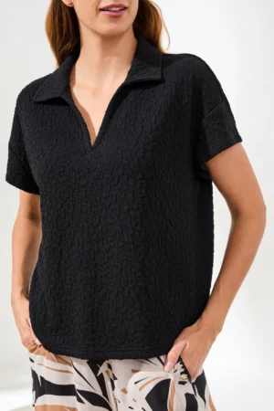 Tribal 3083O Black Short Sleeve V-Neck Textured Top