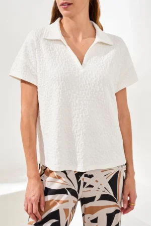 Tribal 3083O White Short Sleeve V-Neck Textured Top