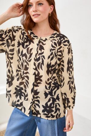 Tribal 3111O Canvas/Black Woven 3/4 Sleeve Blouse