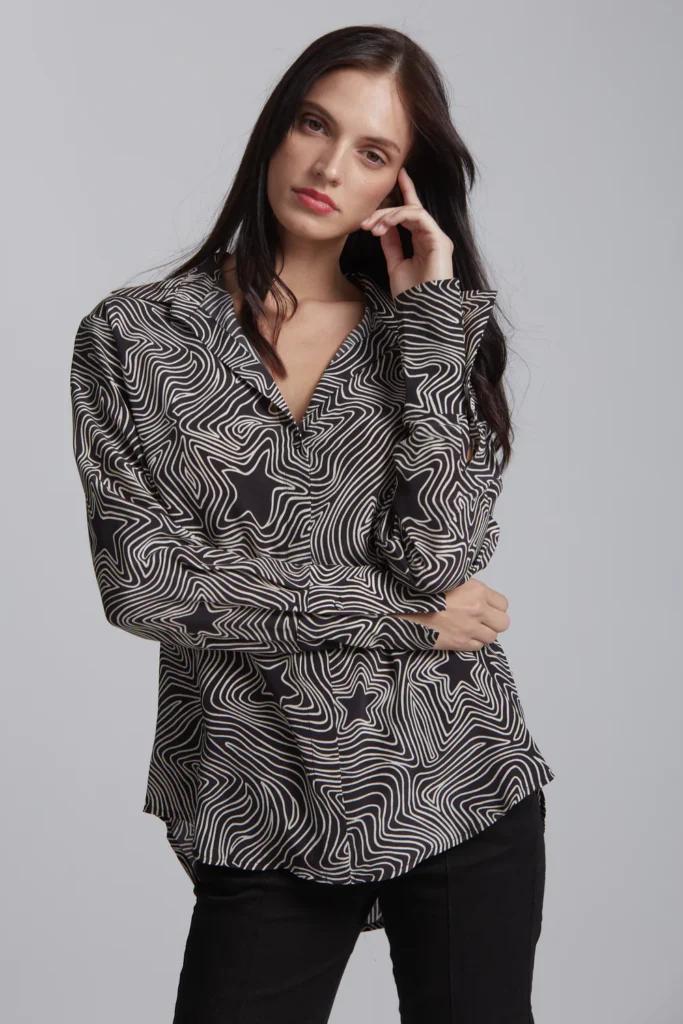 Catherine Gee Bowie Star Daria French Cuff Silk Blouse