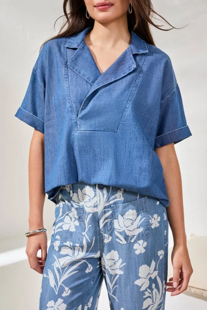 Tribal 5739O Fjord Blue Short Sleeve V-Neck Denim Top
