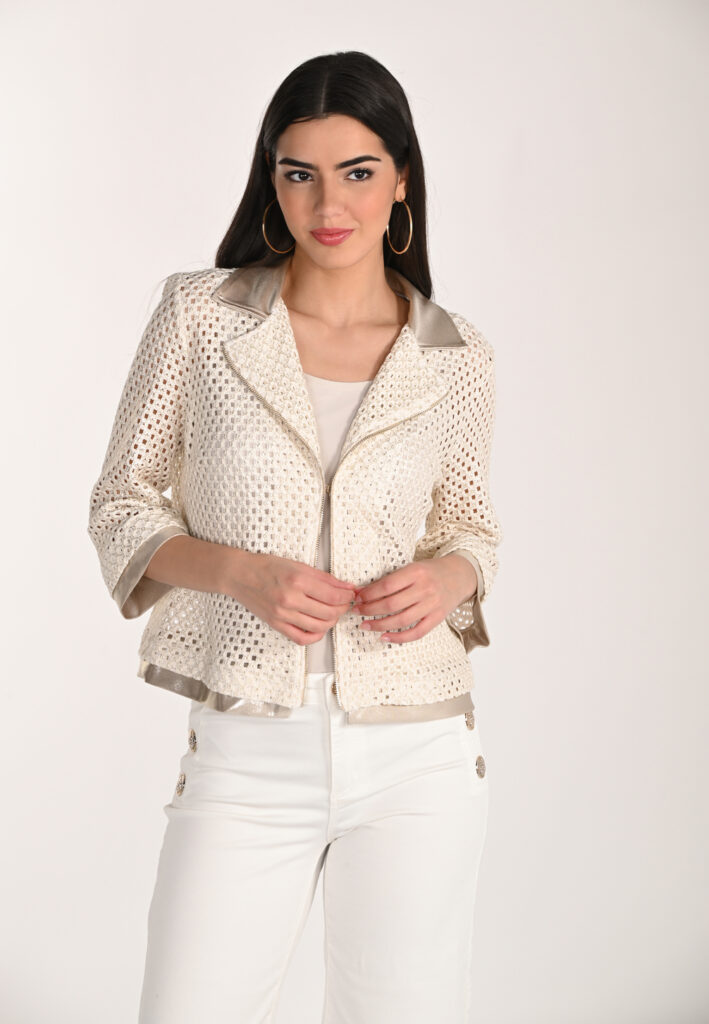 Frank Lyman 266282 Beige/Gold Collared Knit Jacket