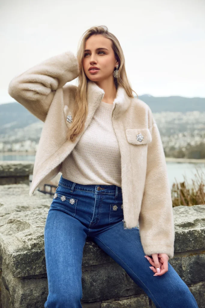 Frank Lyman 253874 Champagne Faux Fur Hip-Length Jacket