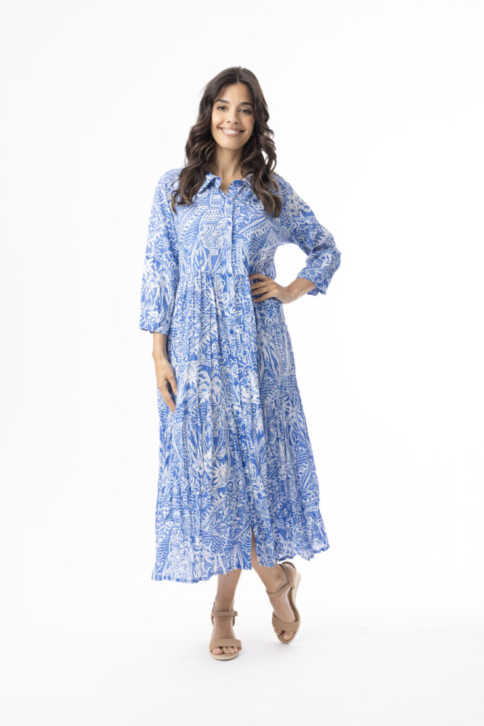 Orientique 40228 Aksharay Blue/White Elbow Sleeve Shirt Dress