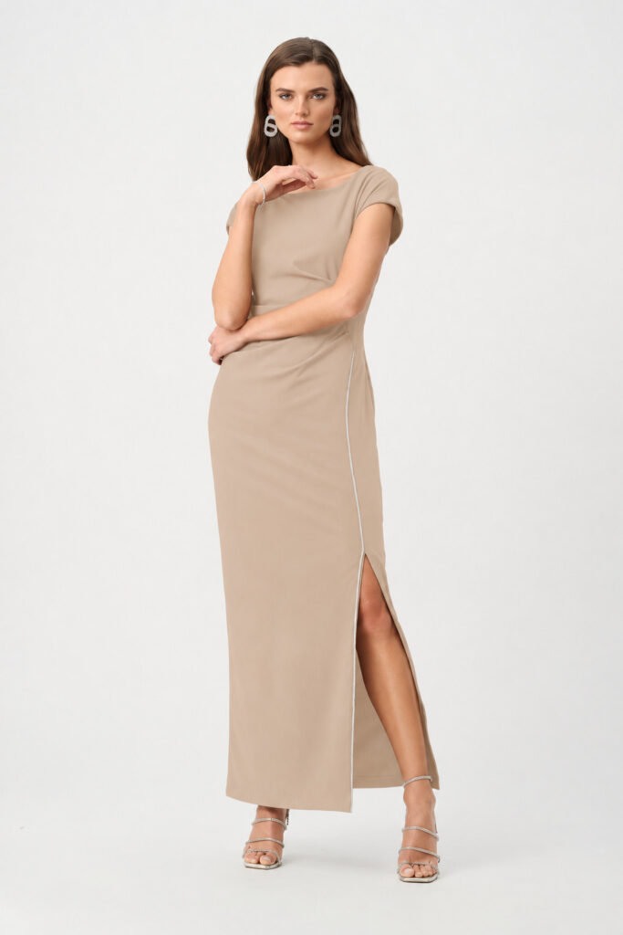 Joseph Ribkoff 261713 Sand Gown With Rhinestones Piping