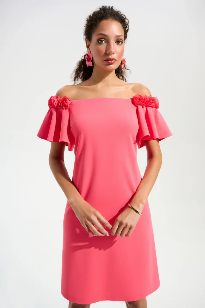Joseph Ribkoff 261734 Off-Shoulder Shift Dress With Flower Trim