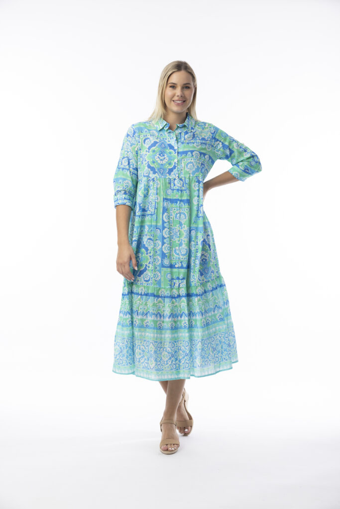 Orientique 10072 Montevideo Aqua Layered Elbow Sleeve Dress