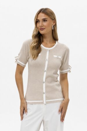 Passioni 19033 Beige/White Bow Detail Short Sleeve Knit Top
