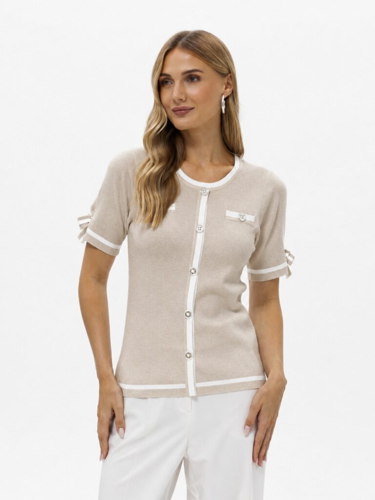 Passioni 19033 Beige/White Bow Detail Short Sleeve Knit Top