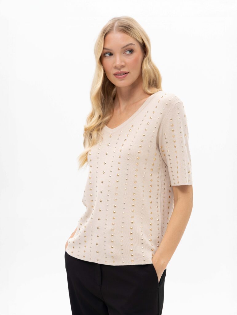 Passioni 19152 Beige/Gold Stud Detail Knit Top