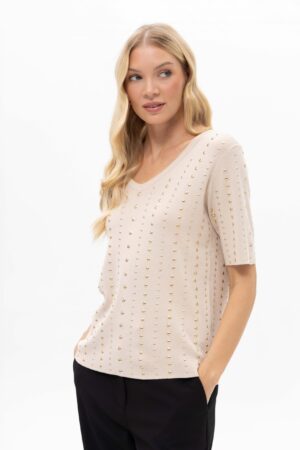 Passioni 19152 Beige/Gold Stud Detail Knit Top