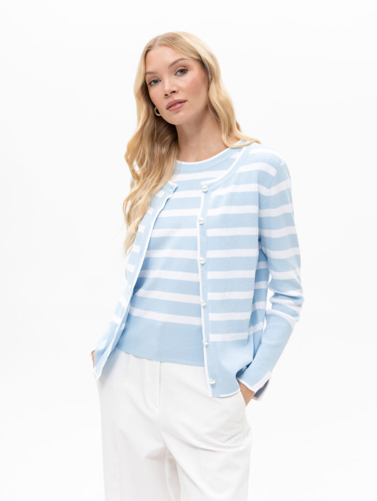Passioni 19170 Blue/White Striped Pearl Button Knit Twinset