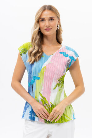 Passioni 19190 Blue/Multi Pleated V-Neck Top