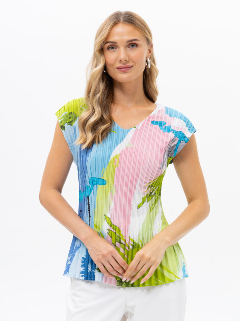 Passioni 19190 Blue/Multi Pleated V-Neck Top