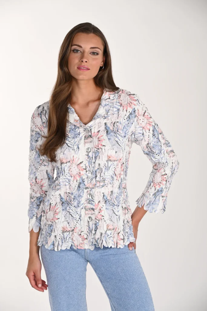 Frank Lyman 261648 Floral V-Neck Buttoned Blouse