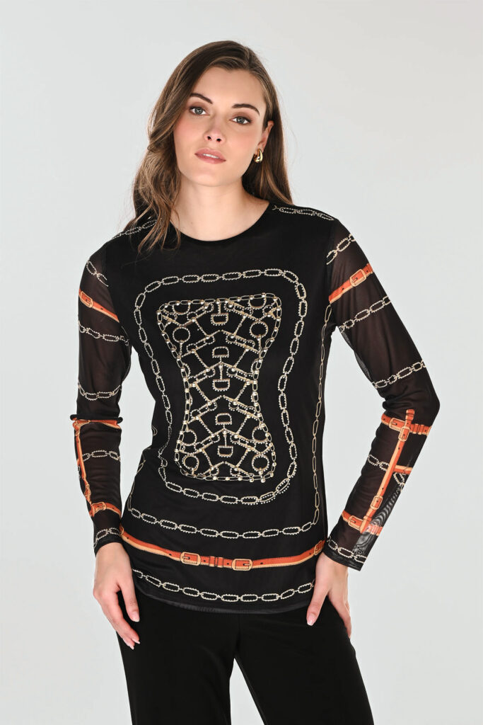 Frank Lyman 263716 Black/Gold Chaip Print Mesh Top