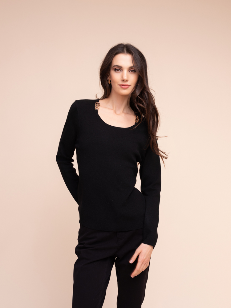 Alison Sheri A48133 Black Long Sleeve Chain Detail Knit Top