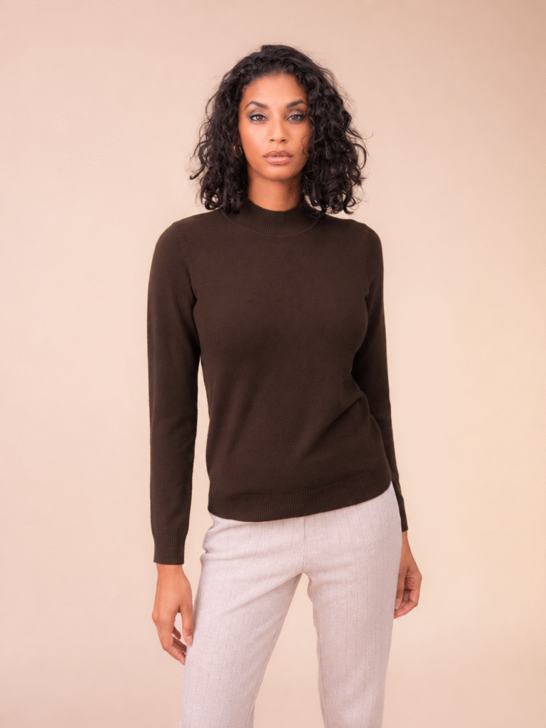Alison Sheri YRE705 Chocolate Brown High Neck Knit Top