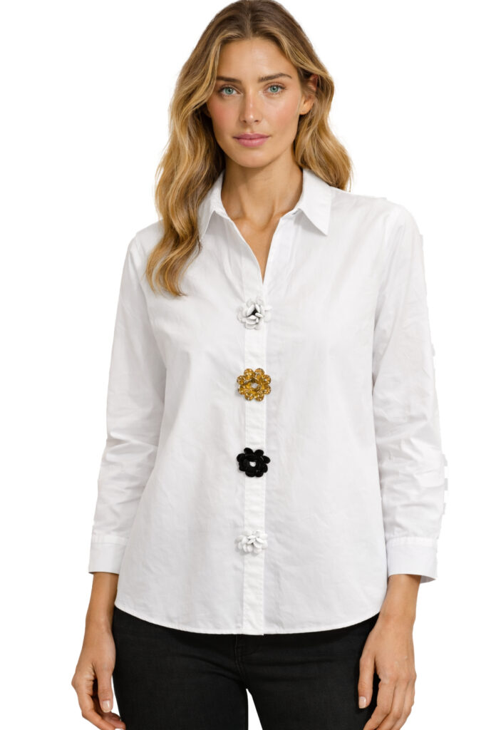 Orly 262294 White Flower Detail Long Sleeve Shirt