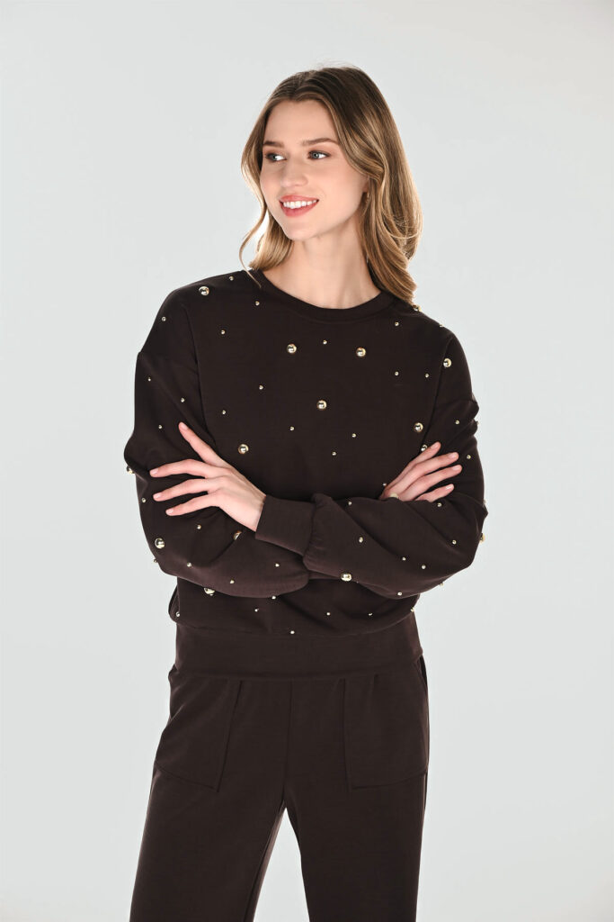 Frank Lyman 263763 Mocha Embellished Crew Neck Pullover