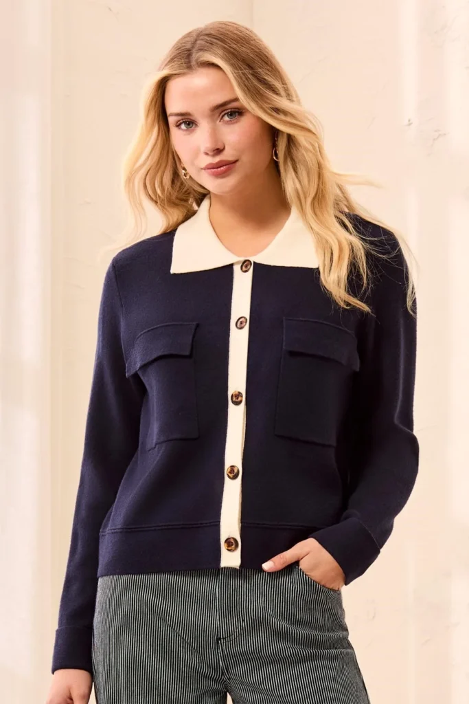 Tribal 3189O Navy/Winter White Long Sleeve Collared Cardigan