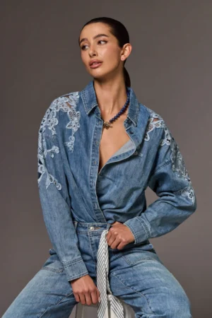 Tribal 6006O Flowerblue Embroidered Long Sleeve Denim Shirt