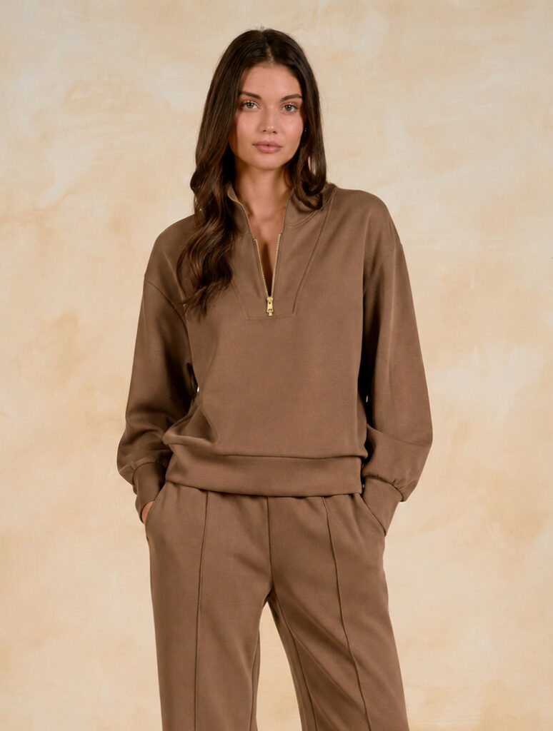 Elan SC11742 Brown Zip Detail Long Sleeve Pullover
