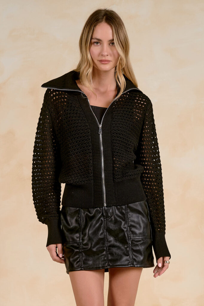 Elan SW11711 Black High Neck Open Stitch Cardigan