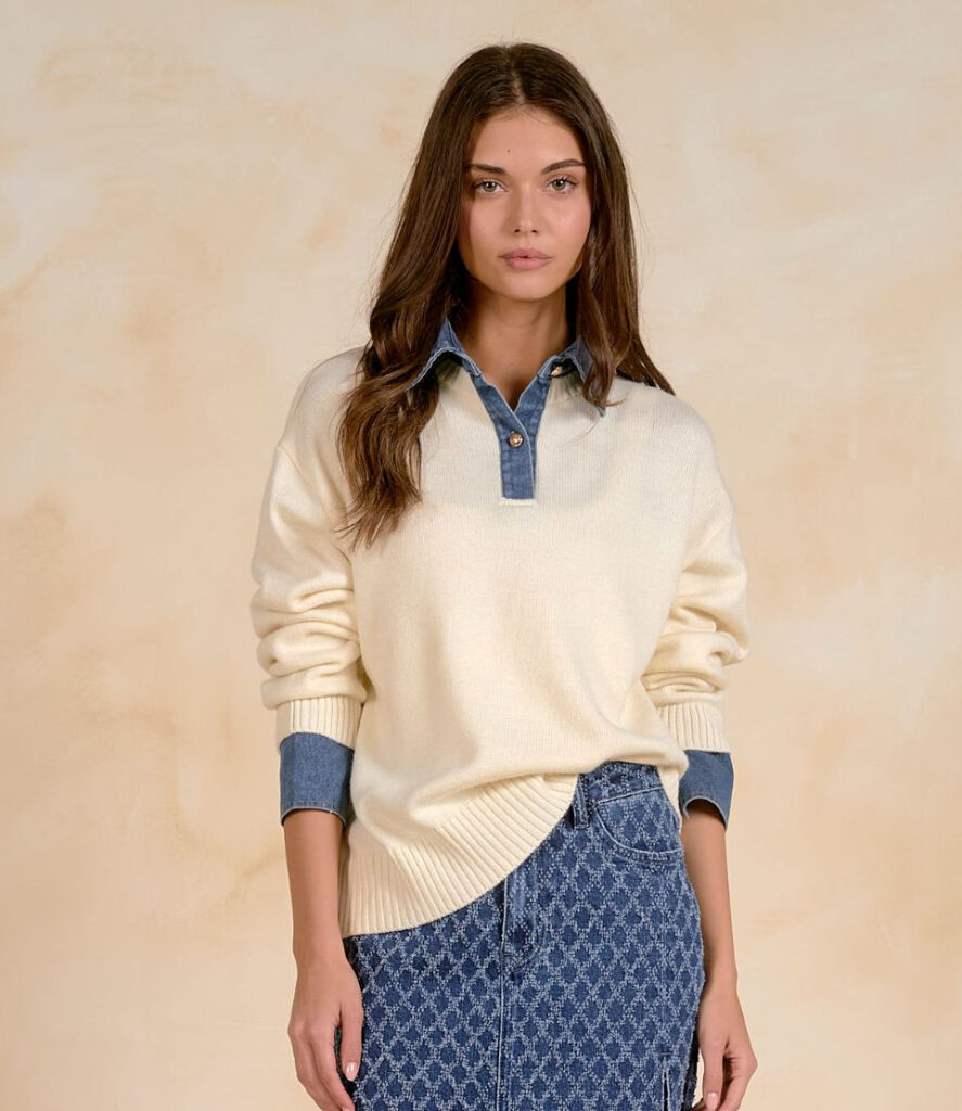 Elan SW11713 Winter White/Denim Blue Knit Jumper