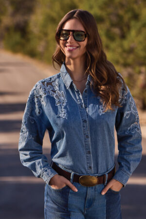 Tribal 6006O Flowerblue Embroidered Long Sleeve Denim Shirt