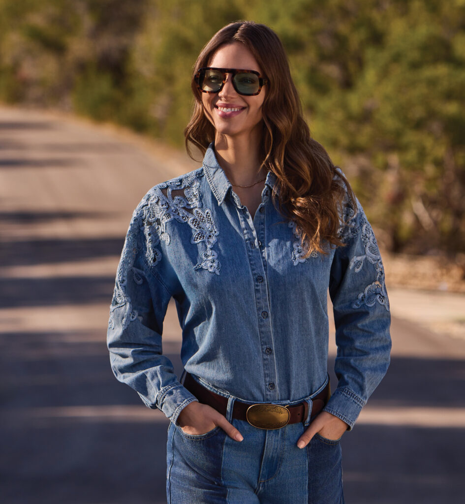 Tribal 6006O Flowerblue Embroidered Long Sleeve Denim Shirt