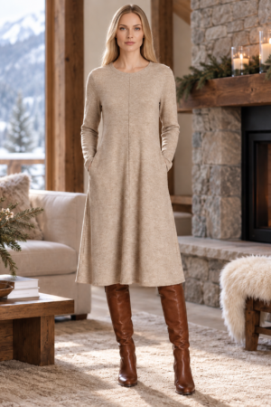 Allison 61331 Beige Heavy Knit Dress With Detachable Collar (1)