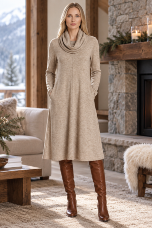 Allison 61331 Beige Heavy Knit Dress With Detachable Collar