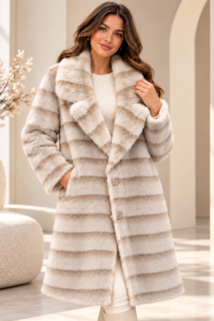 Allison DQ43KX Reversible Beige Faux Fur V Neck Coat (6)