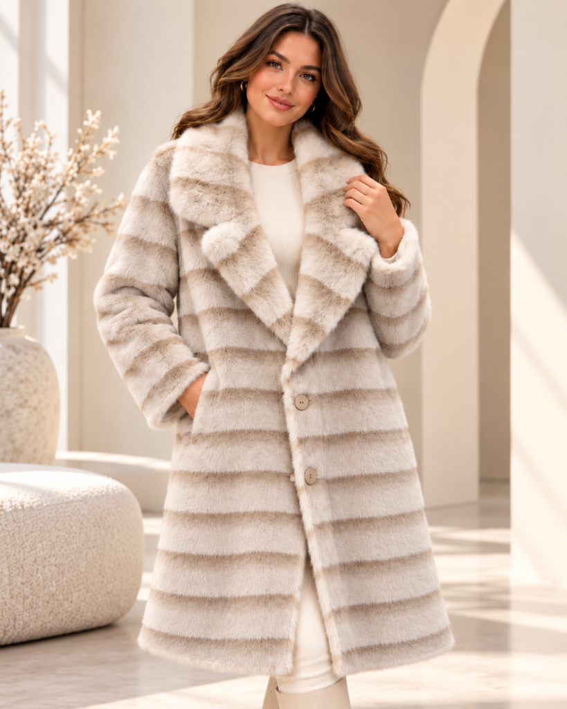 Allison DQ43KX Reversible Beige Faux Fur V-Neck Coat