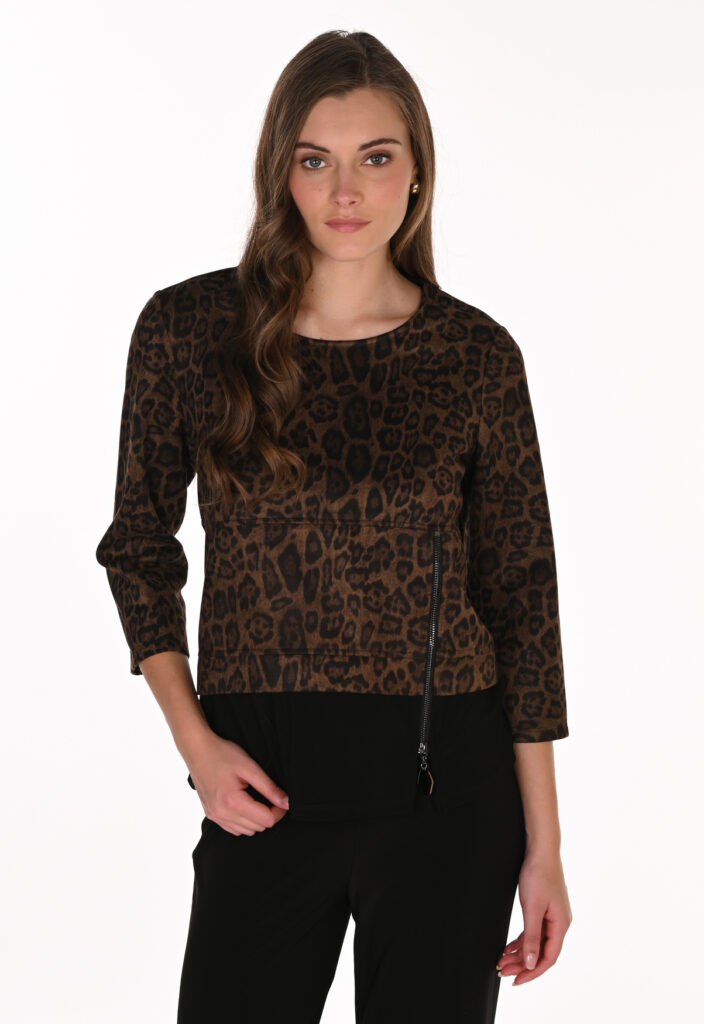 Frank Lyman 263190 Brown/Black Animal Print Zip Detail Top