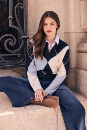 Frank Lyman 264853 Argyle Print Diamante Detail Knit Pullover 3