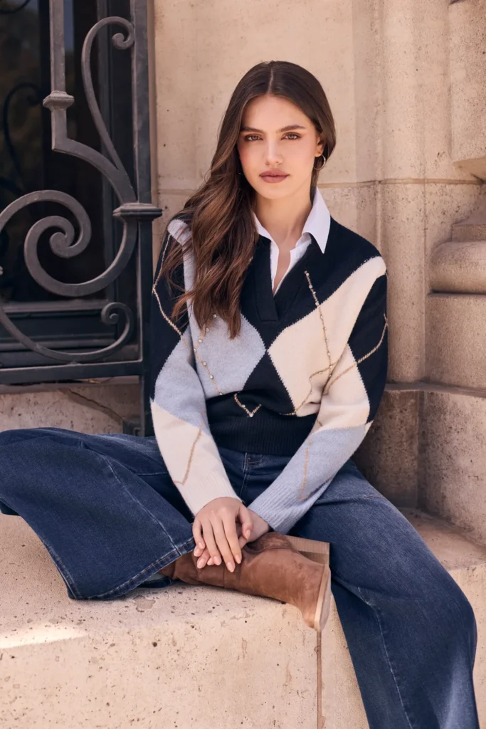 Frank Lyman 264853 Argyle Print Diamante Detail Knit Pullover