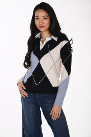 Frank Lyman 264853 Argyle Print Diamante Detail Knit Pullover