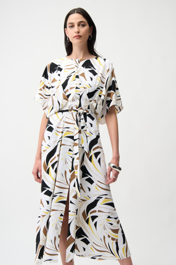Joseph Ribkoff 261168 Tropical Print Trapeze Dress With Sash