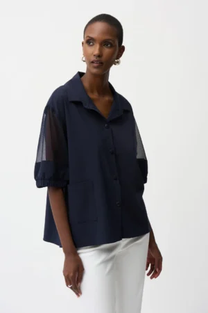 Joseph Ribkoff 261234 Midnight Blue Poplin & Mesh Blouse (4)