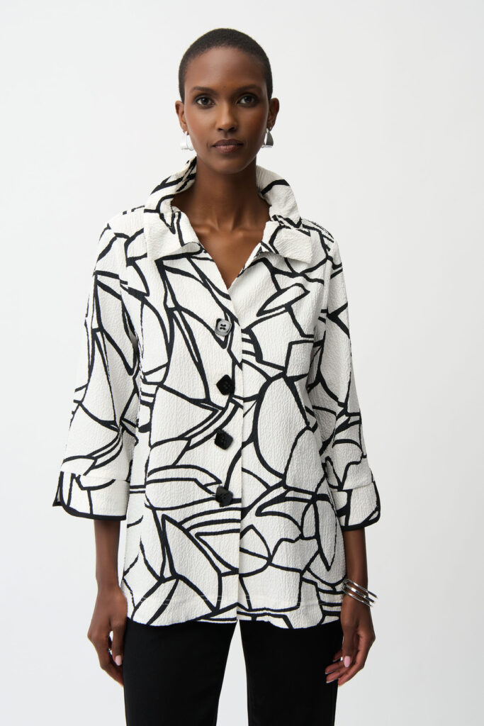 Joseph Ribkoff 261239 Vanilla/Black Abstract Print Trapeze Jacket